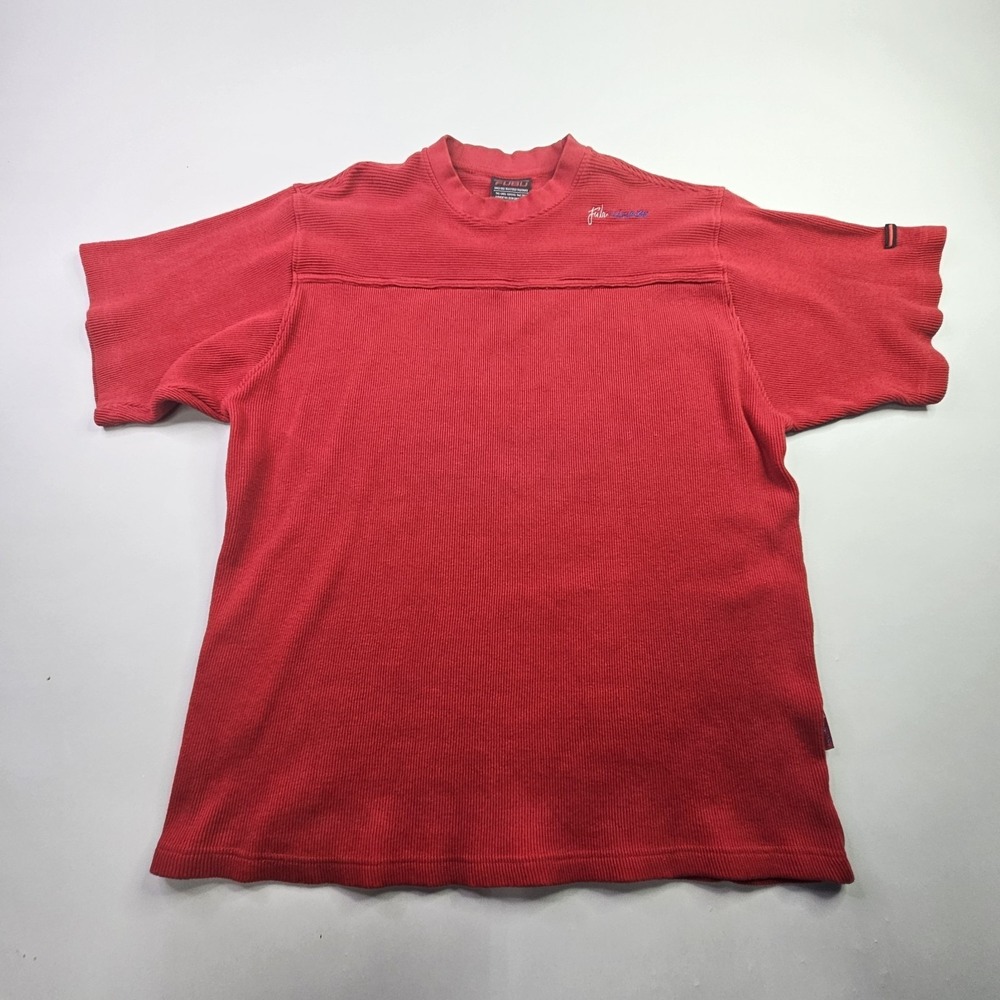 VINTAGE FUBU Shirt Mens Large Red Circa XCII Vertical Ribbed Knit Short Sleeve